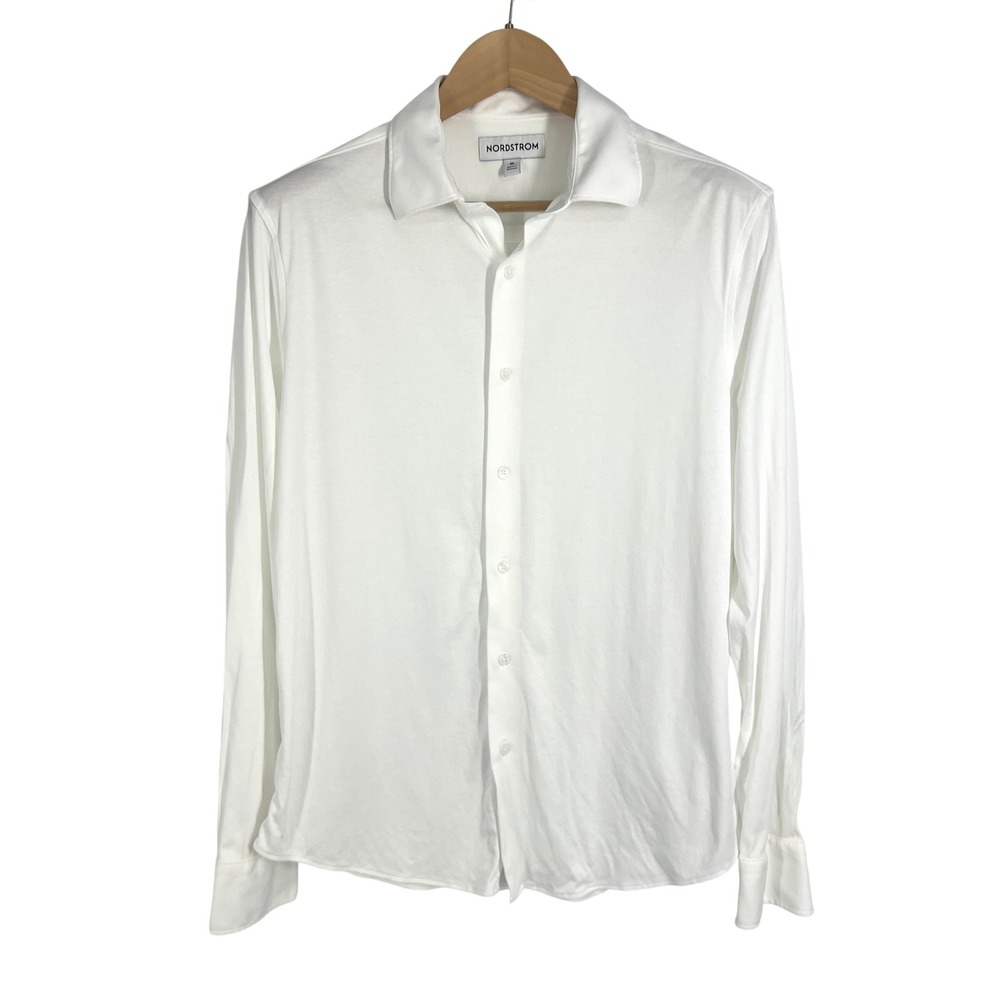 Nordstrom Tiller Knit Shirt Mens Medium White Snow Non-Iron 4-Way Stretch Cotton